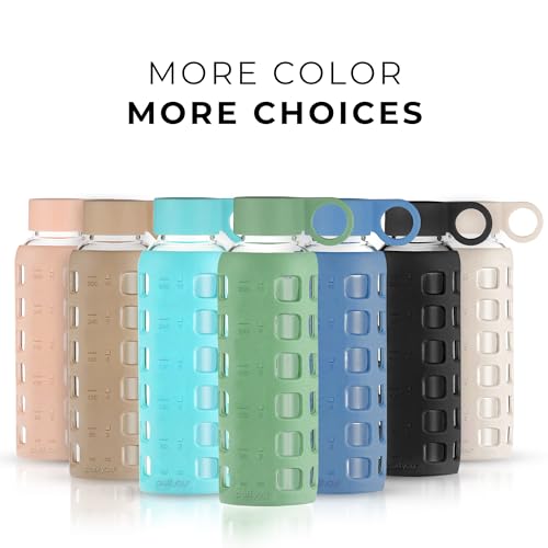 Purifyou 12oz Shale Green Borosilicate Glass Water Bottle with Time & Volume Markers, Silicone Sleeve, Stainless Steel Lid