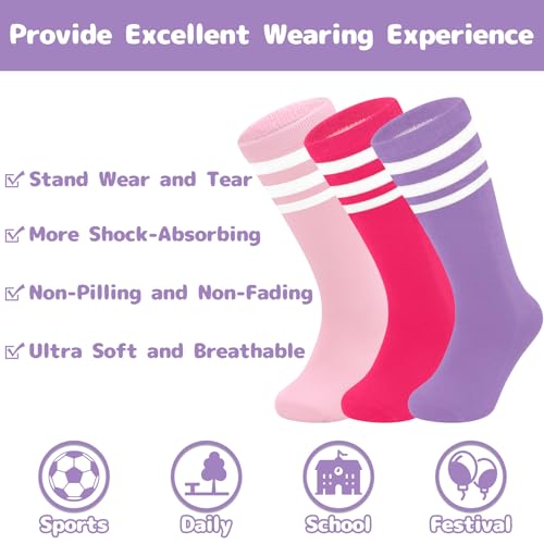 Toddler Soccer & Baseball Socks - 3 Pack for Ages 3-6 - Purple, White & Pink, White & Rose
