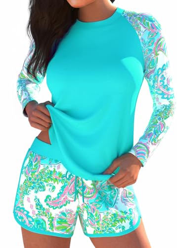 MODLILY Two Piece Women's Rash Guard with Paisley Print - Long Sleeve, Cyan, Medium
