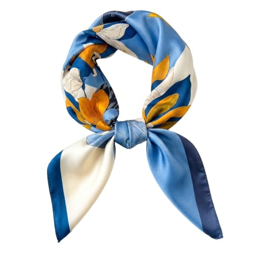 Satin Square Scarf for Women - 27.5" Lightweight Silk Feel - Blue Orange Abstract