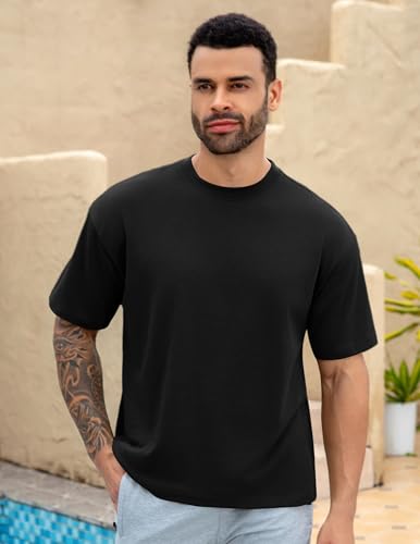Saiji Friends Men's Oversized Cotton T-Shirt 3X-Large Black Loose Fit Crewneck