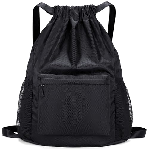 Drawstring Backpack Gym Bag - Large Capacity, Waterproof, Black