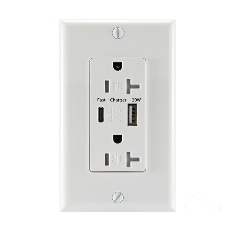 LGL USB C Charger Wall Outlet, 20W Fast Charging USB A & C Port Wall Receptacle, 20Amp 125 V Duplex Tamper Resistant Receptacle, ETL Listed, Wall Plate Included, White (1 Pack)