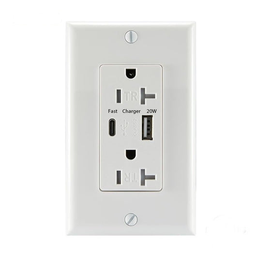 LGL USB C Charger Wall Outlet, 20W Fast Charging USB A & C Port Wall Receptacle, 20Amp 125 V Duplex Tamper Resistant Receptacle, ETL Listed, Wall Plate Included, White (1 Pack)