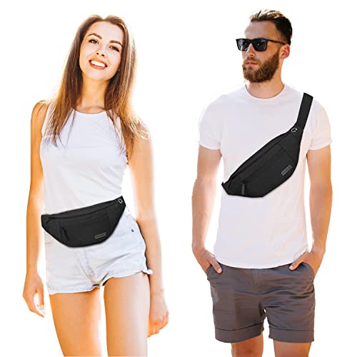 Crossbody Fanny Pack for Men & Women - Black, 4 Zipper Pockets