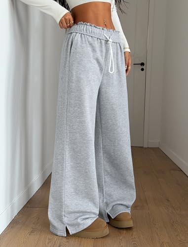 ZAFUL Women's Grey Fleece Lined Wide Leg Sweatpants with Pockets - Small