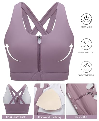 High Impact Front Zipper Sports Bra for Women - Criss-Cross Back