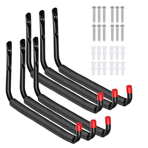 6 Pack Garage Hooks Heavy Duty, Utility Steel Hooks with EVA Foam Padding, 15inch Wall Mount J Organizer Hanger for Hanging Bikes Kayak Garden Tool Hose Bike Shelf