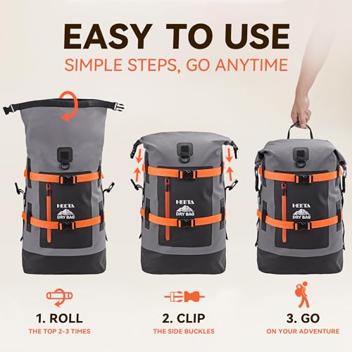HEETA 40L Waterproof Dry Backpack Grey Heavy Duty Waterproof Bag for Hiking & Travel