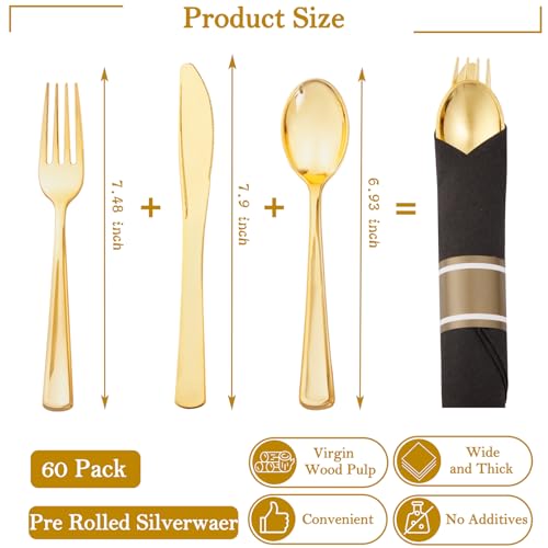 Black and Gold 60 Pack Pre Rolled Plastic Silverware Set with Napkins