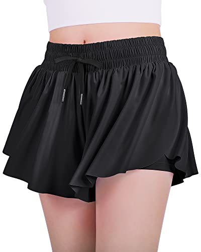 Girls Flowy Butterfly Shorts with Spandex Liner - Black, 10 Years