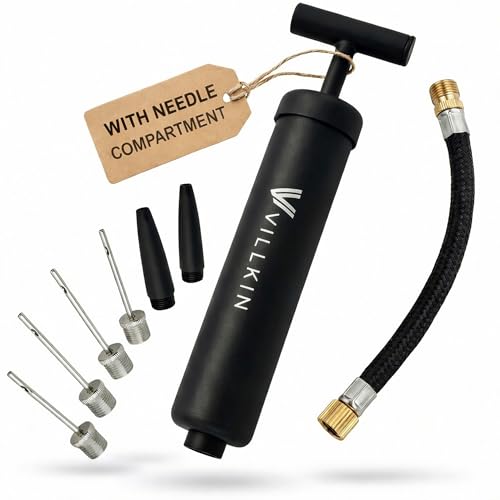 Ball Pump with Needle Storage - 4 Metal Needles, 2 Nozzles, Flexible Hose - Ideal for Soccer, Basketball, Volleyball