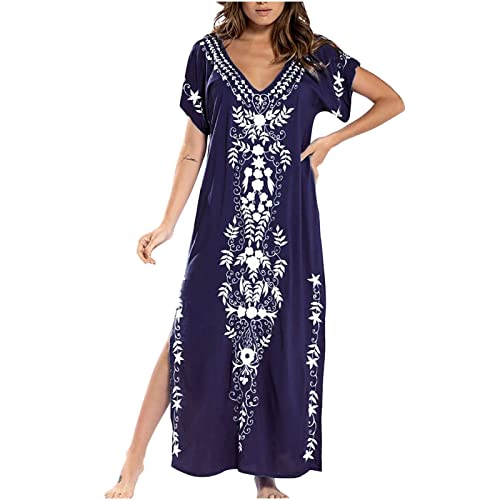 Embroidery V Neck Short Sleeve Women's Swim Cover Up Dress