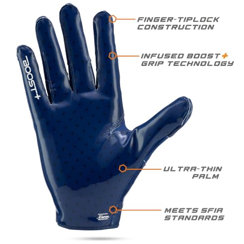 Grip Boost Stealth 6.0 Boost+ Football Gloves Navy Large – Adult/Youth Wide Receiver