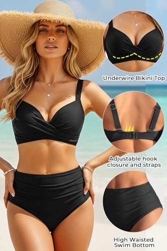Aqua Eve Women's Black Large Underwire High Waisted Push Up Bikini Set with Tummy Control