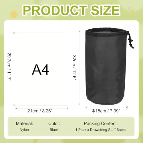 Waterproof Nylon Stuff Sack - Portable Drawstring Bag 7x13 Inch - Black