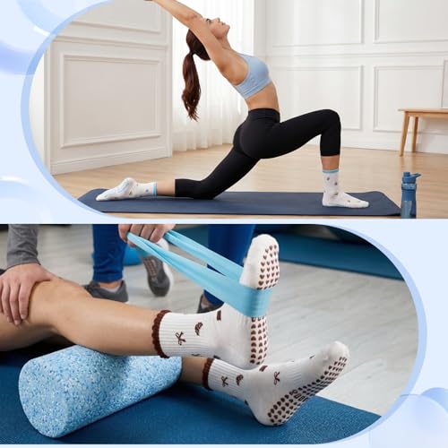 6 Pairs Cute Non-Slip Pilates Socks for Women - Red, Brown, Yellow, Pink, Blue, Purple