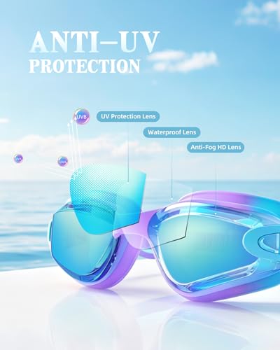 Kids Swim Goggles 2 Pack - Anti Fog & UV Protection - Purple Gold & Clear Blue