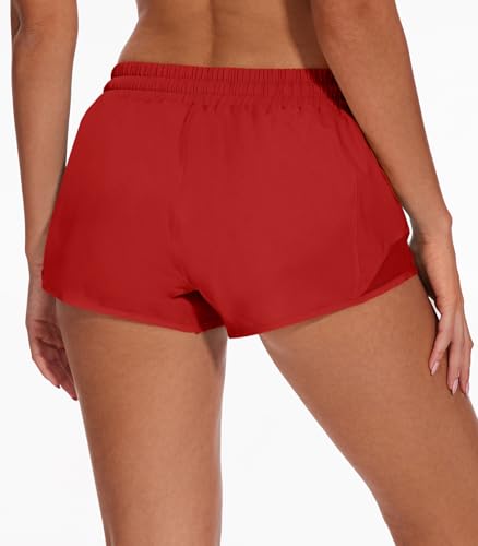 Women's Athletic Running Shorts with Zipper Pocket - Red / Medium - Lightweight Gym Workout with Mesh Liner, Quick Dry