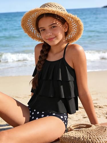 UIQUR Girls Swimsuit Two Pieces Tankini Set Black Polka Dots 11-12 Years