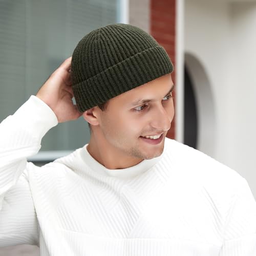Heniho 3 Pack Wool Fisherman Beanies for Men - Black, Gray, Green, Short Cuffed Knit Hats