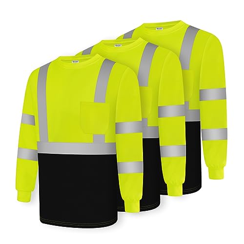 Work Shirts for Men Construction Class 3 High Visibility Shirts for Men, Hi Vis Reflective Safety T-Shirts for Men Women, Long Sleeve Work Shirts with Black Bottom, Yellow XL, 3PCS