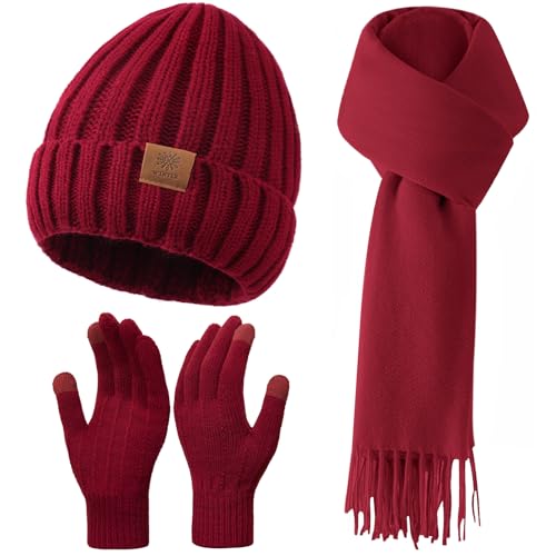 Winter Beanie Hat Scarf Gloves Set for Women - Black