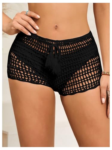 SHENHE Women's Crochet Coverups Hollow Out Tie Waist Boho Shorts Small Black