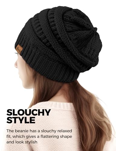 Chunky Cable Knit Slouchy Beanie for Women - Black
