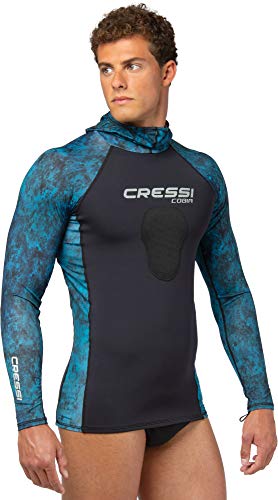 Camo Blue Adult Hooded Rash Guard - Neoprene Padded Chest - Large