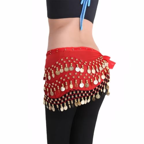 Red Belly Dance Hip Scarf with Gold Coins - 59 Inches