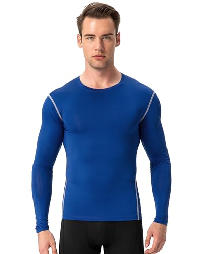 Men's Long Sleeve Compression Shirt - Thermal Workout Top - Large Blue