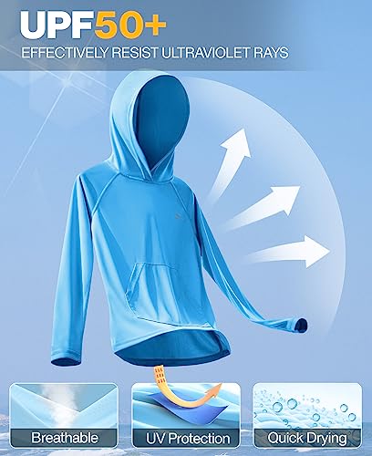 Rash Guard Swim Shirt for Boys - UPF 50+ Hooded - Blue Large
