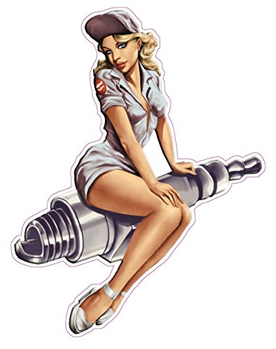 Spark Plug Pin-Up Girl Vinyl Decal - 5x4 Inch Retro Sticker
