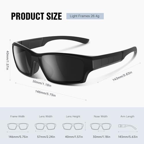 Polarized Sports Sunglasses - Lightweight TR90 Wrap Around - Black Frame Grey Lens