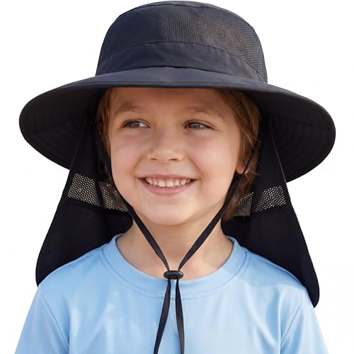 UPF50+ Kids Sun Hat with Neck Flap - Black, 3-7 Years