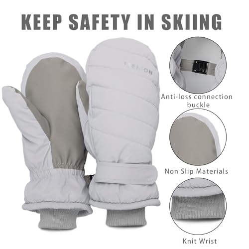 Waterproof Winter Ski Mittens for Men & Women - Light Grey, Medium