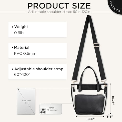 Clear Tote Bag for Women - Stadium Approved with Adjustable Straps - Black