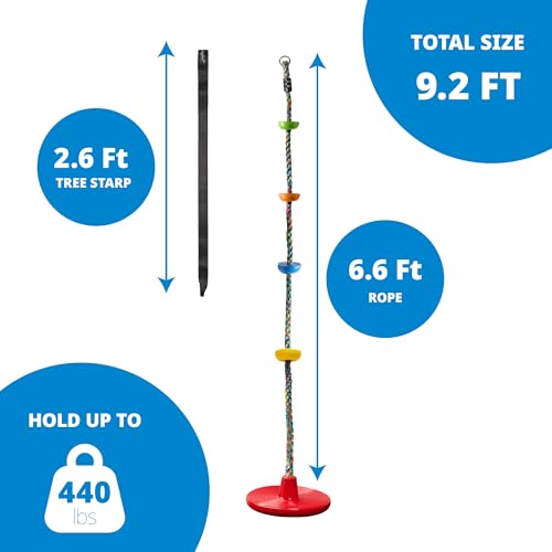Tree Swing for Kids - Single Disc Seat & Rainbow Climbing Rope Set - Red & Multicolored