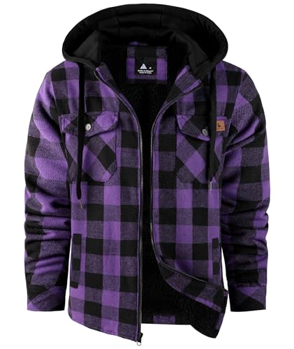 Dekomere Mens Flannel Shirt Jacket Sherpa Lined Plaid Hoodie X-Large Dark Purple