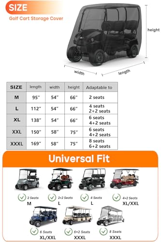 Golf Cart Cover for 4 Passenger Carts - Black, Heavy Duty Waterproof