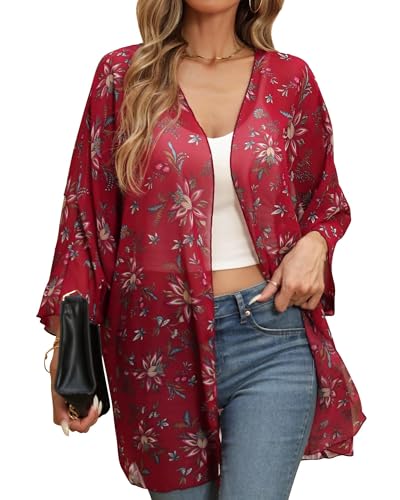 Argstar Women's 3/4 Sleeves Kimono Cardigan, Floral Print Loose Cover