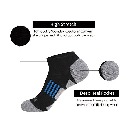 JOYNÉE Men's 6 Pack Black Performance No Show Athletic Cushioned Running Socks