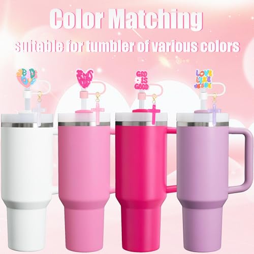 Pink Straw Toppers Set - Silicone Covers with Cross Charms for Stanley Tumblers