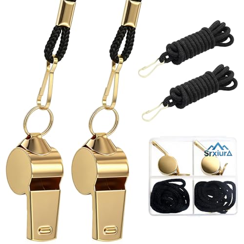 Stainless Steel Whistles 2 Pack with Lanyard - Gold