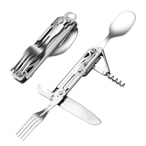 POXIMO 6-in-1 Portable Camping Utensils Set Stainless Steel Flatware Multi-tool