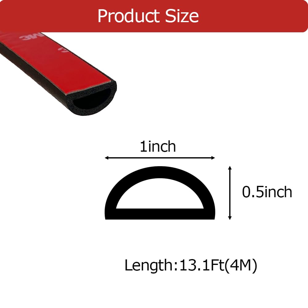 Aroilder Foam Rubber Seal Strip, Self-Adhesive D Shape EPDM Rubber Weather Stripping for RV, Boat, Auto, Truck, Marine, Garage Doors/Window and More, W:1"; H:0.5",13Ft
