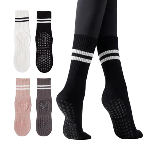 Non-Slip Yoga Socks for Women - 4 Pairs in Black, White, Grey, Pink
