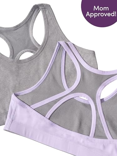 Fruit of the Loom Girls' Stay Dry Racerback Sports Bra - Medium, Stellar Orchid W Grey/Charcoal (2-Pack)