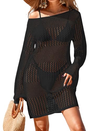 Womens Crochet Boat Neck Swimsuit Cover Up Mini Dress - Small Black